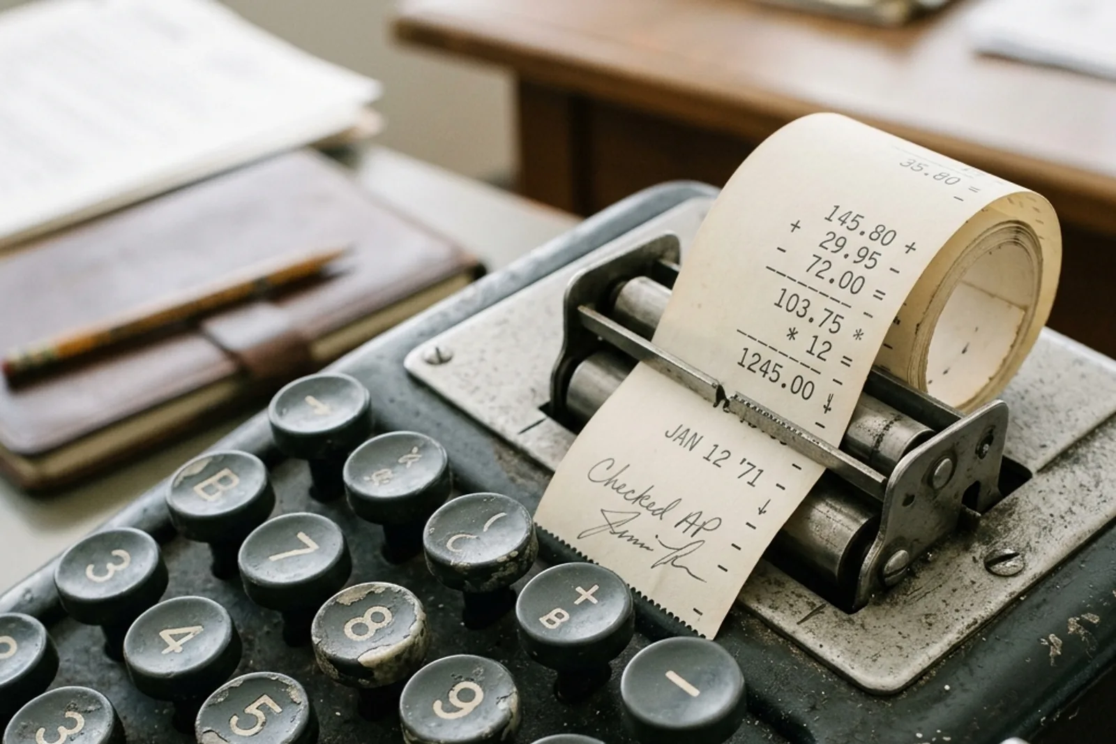 Close detail of the keys and printed paper tape of an old mechanical adding machine.